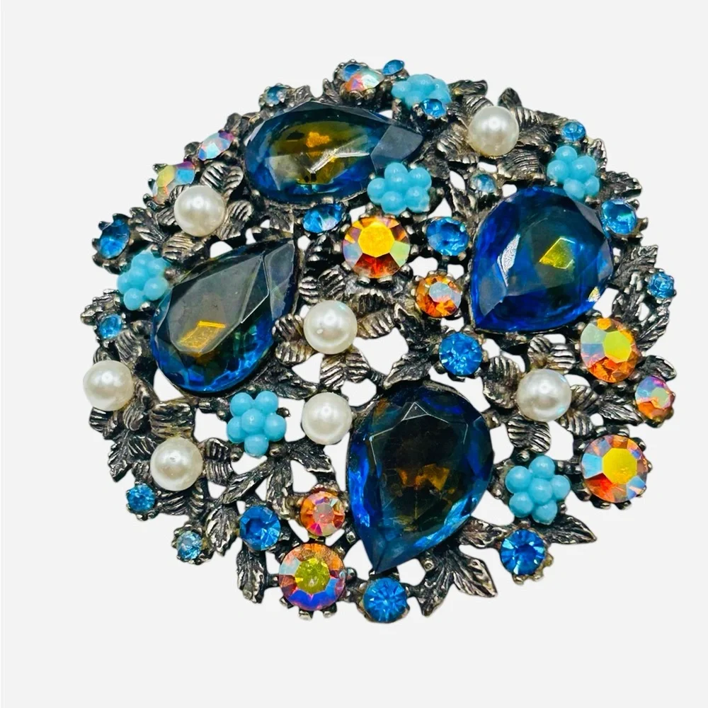 Vintage ART Arthur Pepper Floral Blue Rhinestone Brooch Earring Set